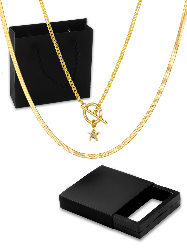 18K Gold Plated Personalized Grid Paperclip Box Multi-layer Necklace With Copper Inlaid Shiny Cubic Zirconia Pendant Set Necklace/Fashion Jewelry Gift Box Accessories/Suitable For Girlfriend Gifts And Daily Wear