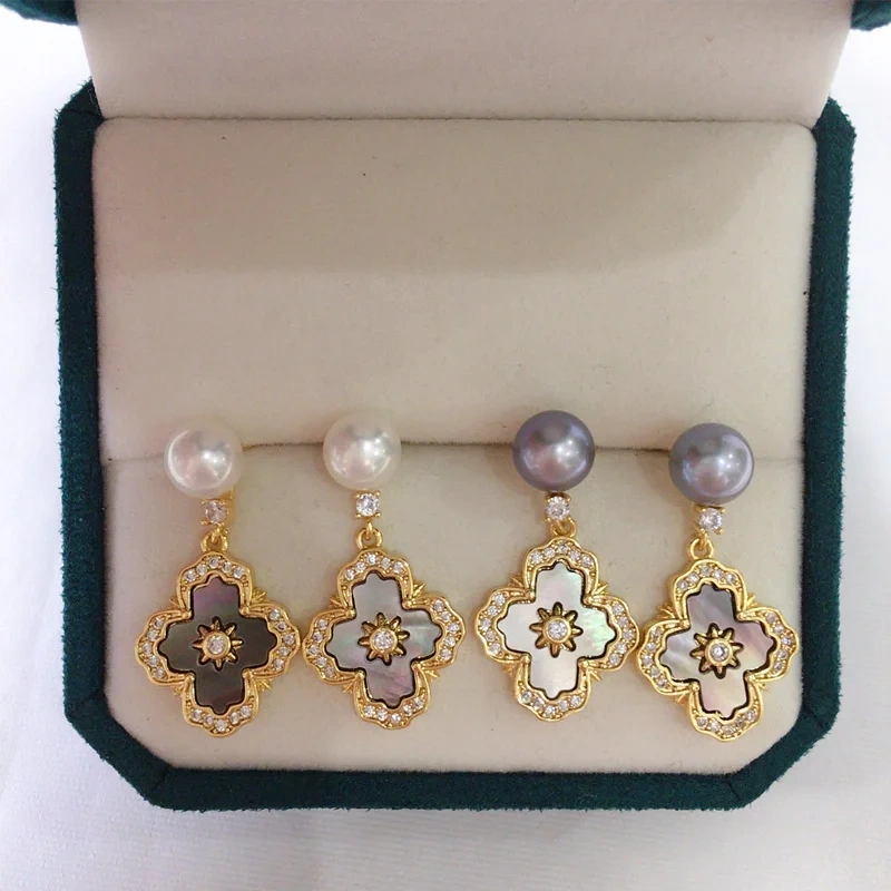 Natural Fresh Water Pearl Earrings Women's French Royal Style Cross Pearl Stud Earrings Natural Sea Shell Fritillary Inlaid