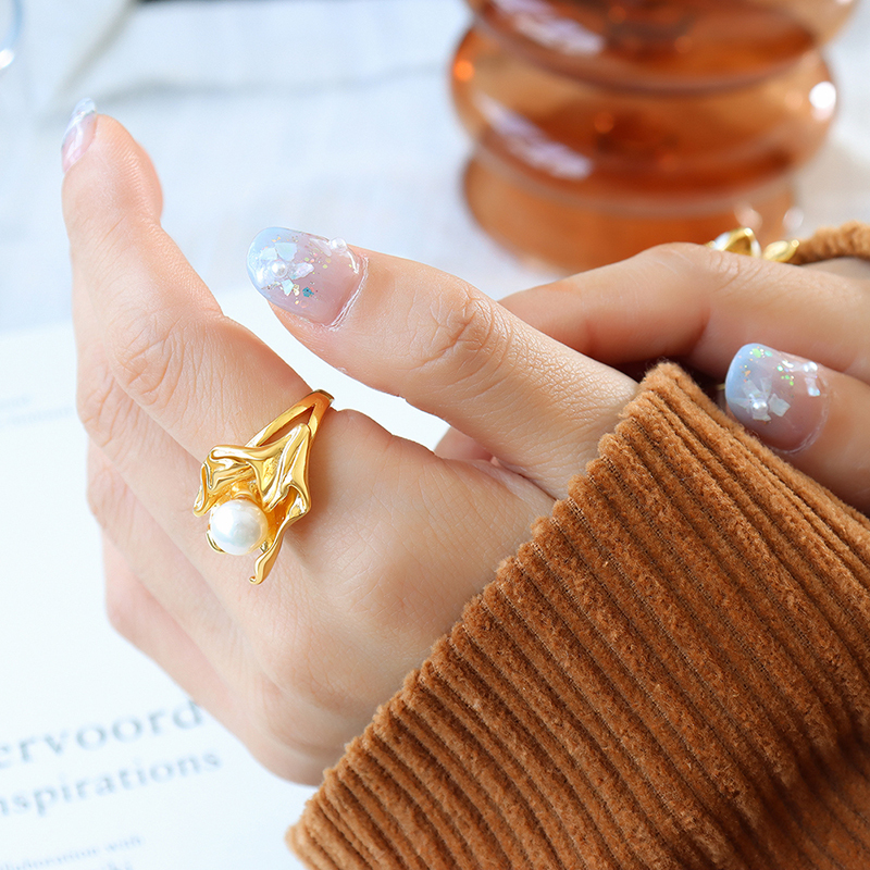 304 Stainless Steel Freshwater Pearl Irregular PVD Coated Freshwater Pearl 18K Gold Plated Fashion Plating Inlay Gold Silver Rings