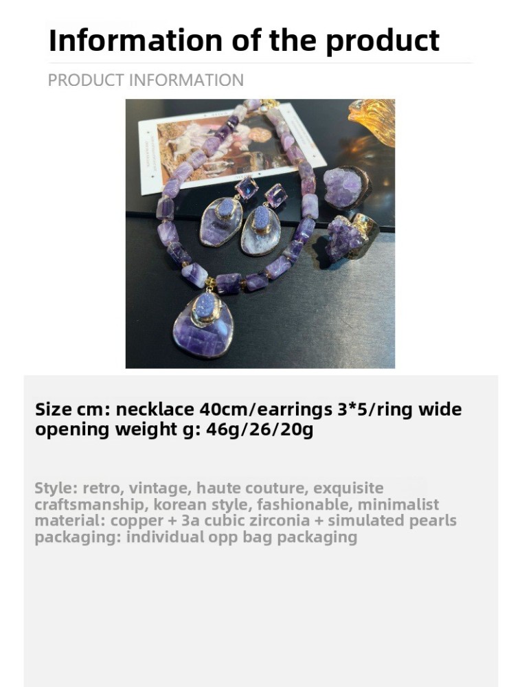 Natural Amethyst Raw Stone Necklace Earrings Set Vintage Fashion Teeth Ring Women Pearl Inlaid Jewelry Accessories