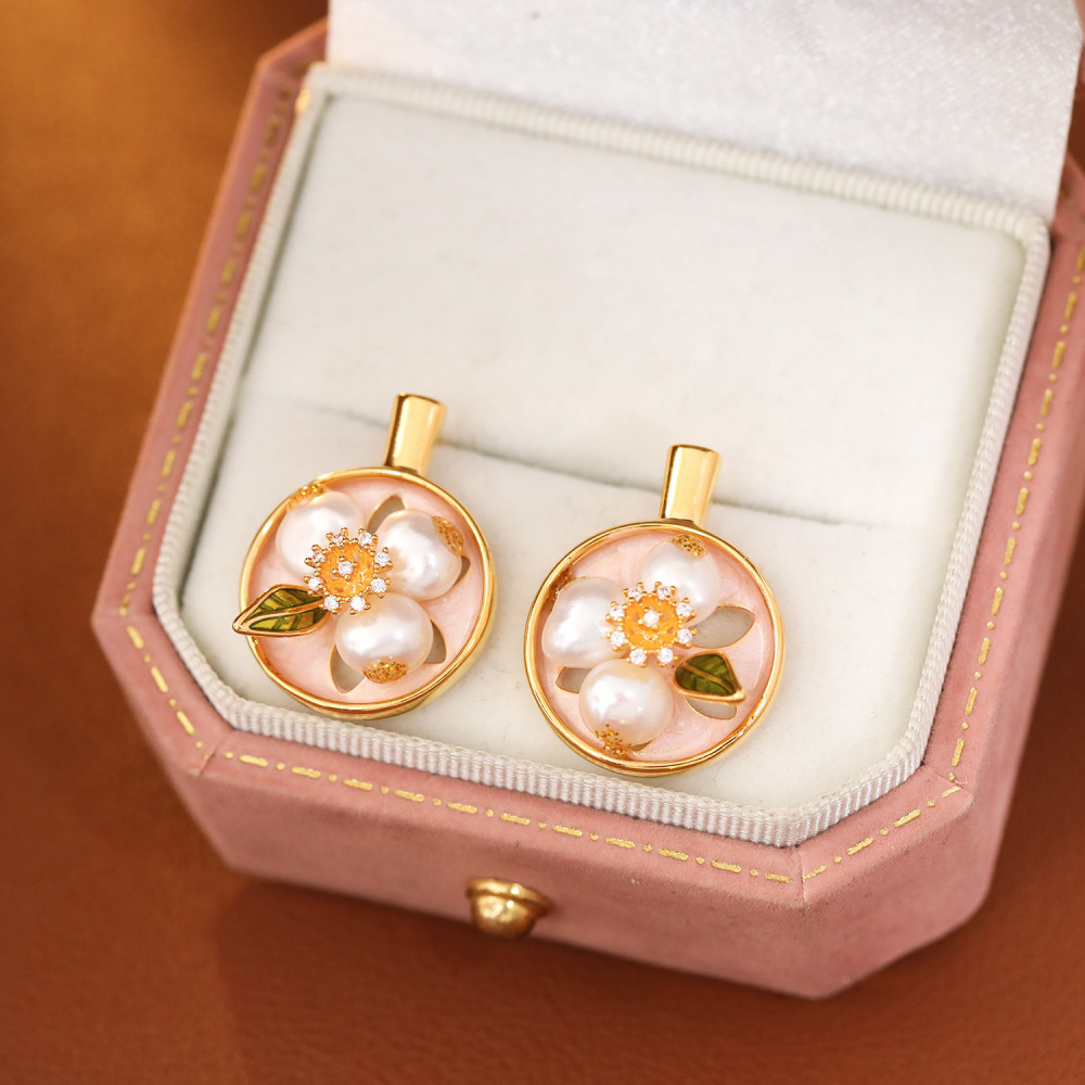 Monet Garden Series Enamel Drip Glaze Freshwater Pearl Earrings Baroque Painting Frame Court Vintage Jewelry Accessories