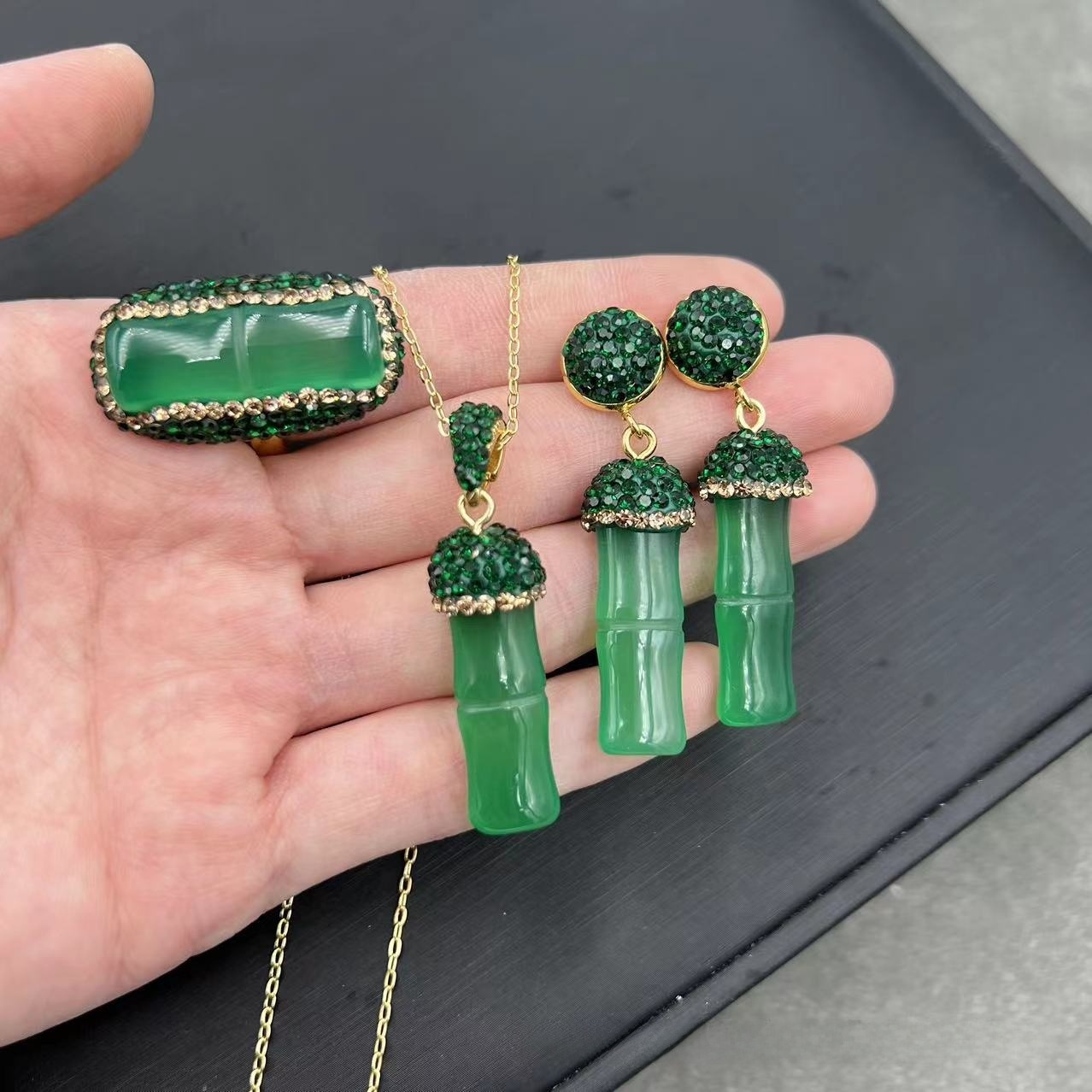 Handmade Natural Agate Bamboo Lucky Three-Piece Set Ethnic Style Czech Crystal Induction Wearing Accessories Luxury Copper