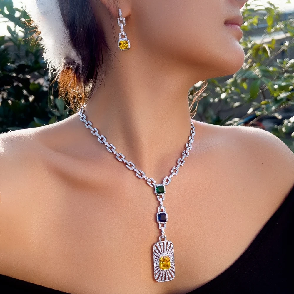 Copper Jewelry Two-Piece Set Women's Fashion Wedding Party Jewelry Luxurious Cubic Zirconia Cuban Link Long Bar Pendant Necklace Earrings Set