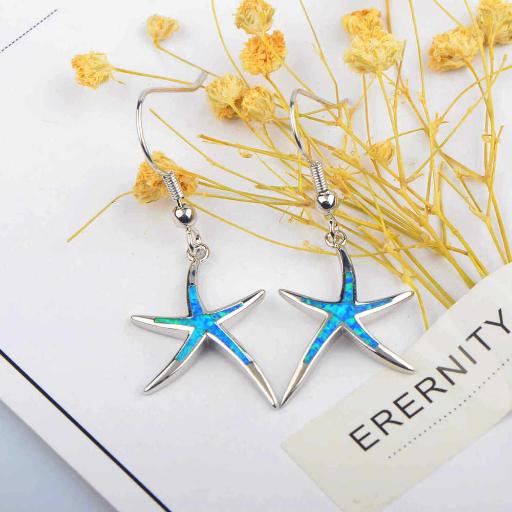 Blue Starfish Opal Hoops Women's Earrings Summer Vacation Style Geometric Pattern Copper Jewelry Accessories