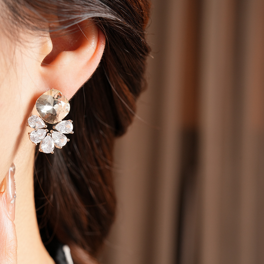 Silver Zircon Flower Water Drop Earrings Simple Iron Post Women's Jewelry Accessories