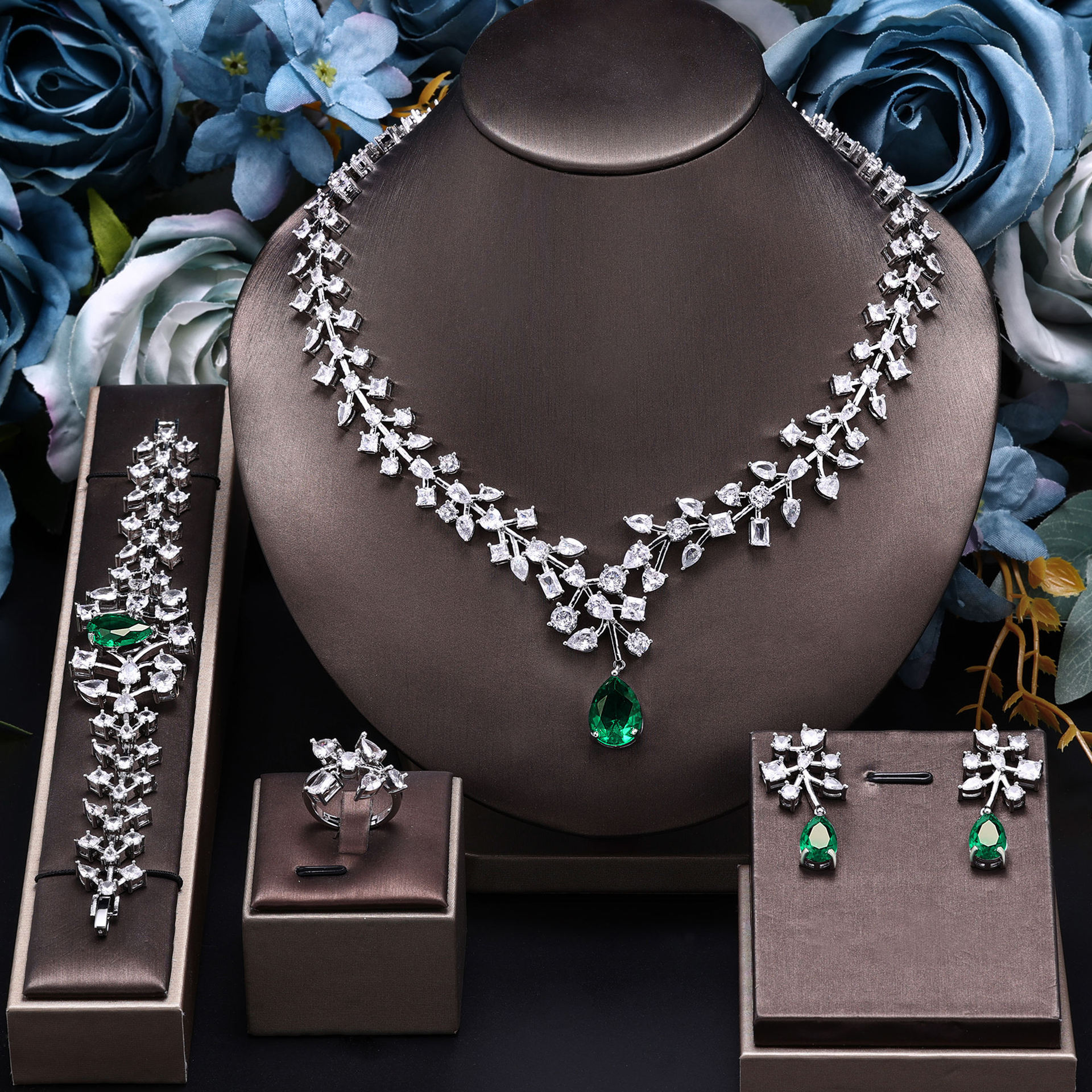 Fashionable Zircon Necklace Earring Set Simple New Style Bridal Gown Wedding Dress Accessory Chain Jewelry For Women