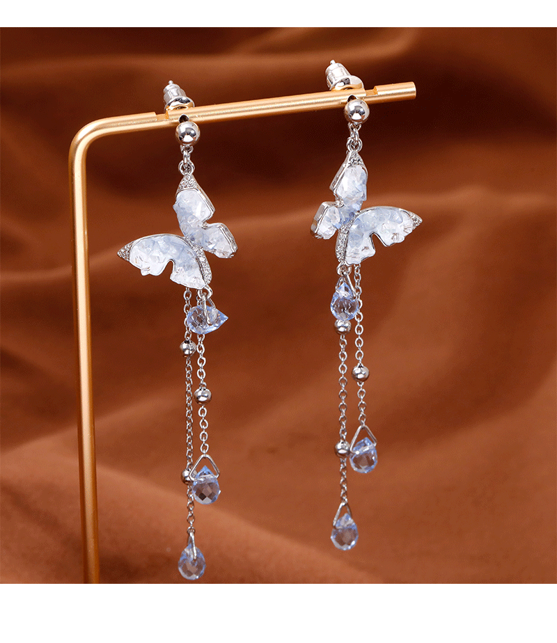 Luxurious Gradient Crystal Butterfly Waterdrop Tassel Earrings Fashion Sweet Personality Round Face Women's Jewelry Accessories