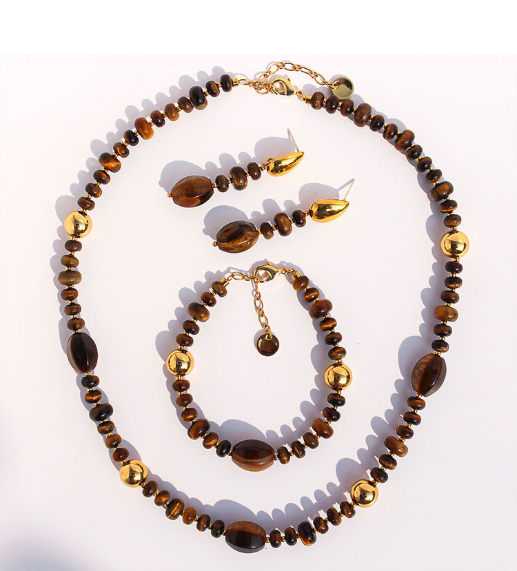 Original Design High-End Natural Tiger Eye Stone Gold Round Bead Necklace Bracelet Waterdrop Earring Set For Ladies Fashion Jewelry Accessories