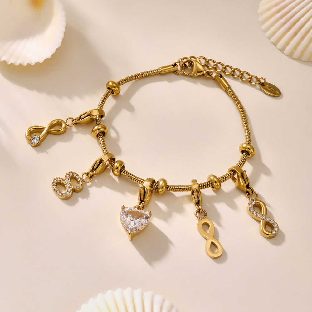 Full Drill 5A Zircon Heart Shaped Butterfly Knot High Heel Shoe Charms Stainless Steel 18K Gold Plated DIY Bracelet Accessories