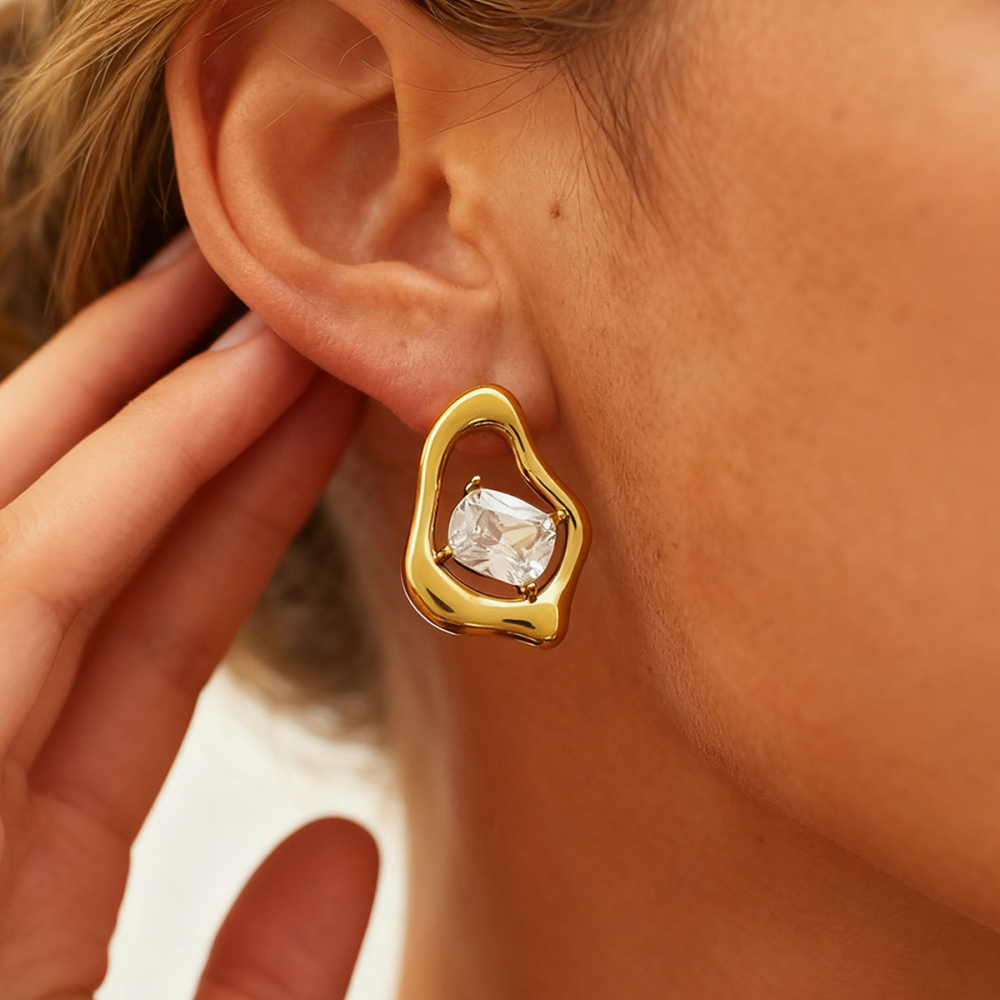 304 Stainless Steel Ladies 18k Gold Plated Zircon Asymmetric Earrings Jewelry Accessories Holiday Gifts