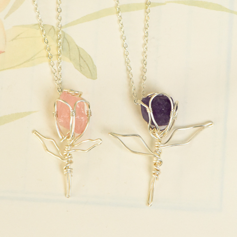 Handmade Silver Thread Pendant Natural Crystal Raw Stone Rose Shape Necklace Jewelry Accessories Factory Geometric Pattern Polished Rhodium Plated