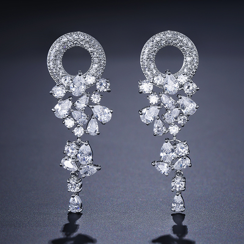 Rakol Vintage Geometric Round Flower Ring Earrings For Women Luxury Micro Inlaid Zircon Tassel Earrings Fashion Copper