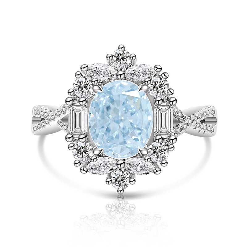 Luxurious High Carbon Diamond 7x9 Pigeon Egg Ice Flower Cut Plated Platinum Ring Fashion Geometric Pattern Live Direct Sale
