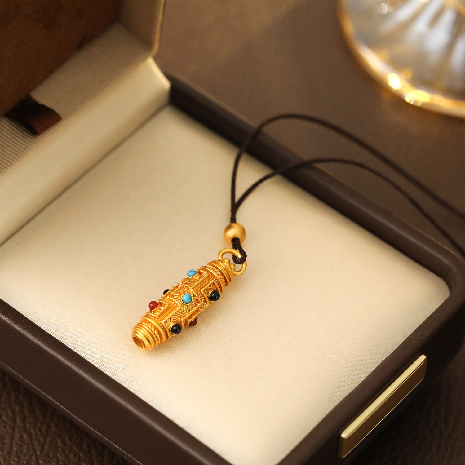 Geometric Pattern Sand Gold Enamel Nine-Eyed Tianzhu Pendant Through Hole DIY Accessories Necklace Sweater Chain Tibetan Transmission Vintage Cultural Goods Jewelry