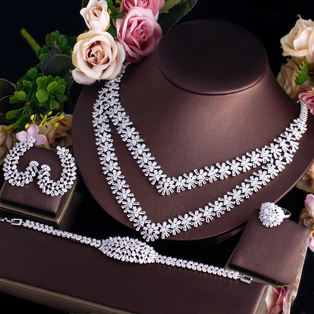 Copper Material Water Plated Rhodium White Gold Inlaid Zircon Snowflake Shape Women's Banquet Jewelry Four-Piece Jewelry Set Tennis Chain (Full Diamond Chain)