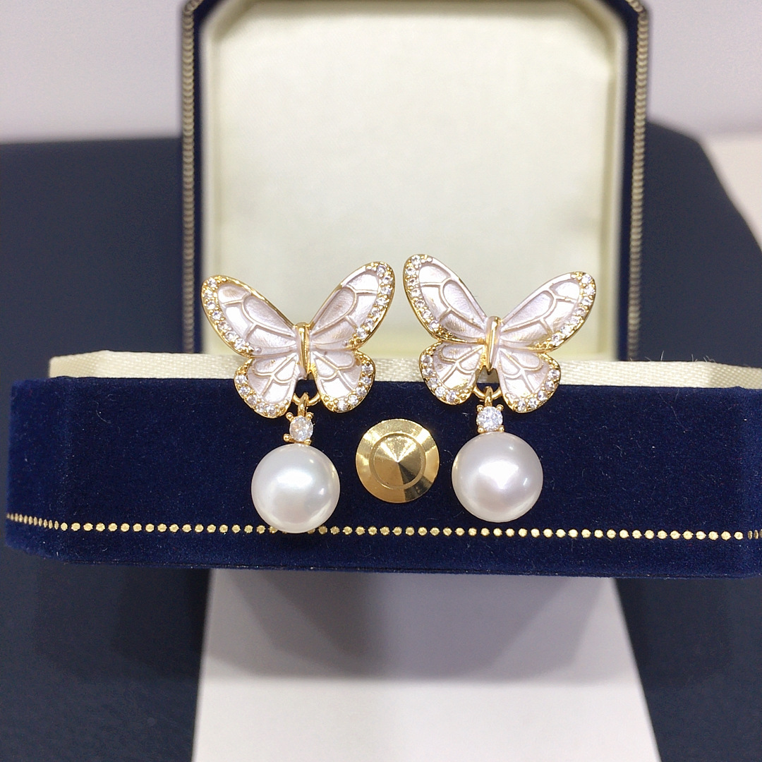 High Quality Natural Freshwater Pearl Earrings Women's Baked Paint Engraved Zircon Butterfly Elegant Jewelry Accessories