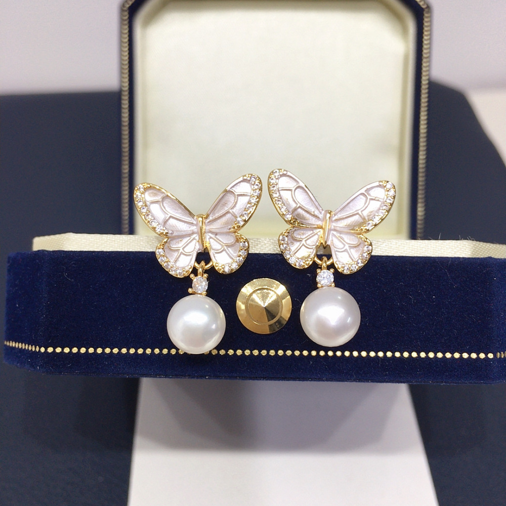 High Quality Natural Freshwater Pearl Earrings Women's Baked Paint Engraved Zircon Butterfly Elegant Jewelry Accessories