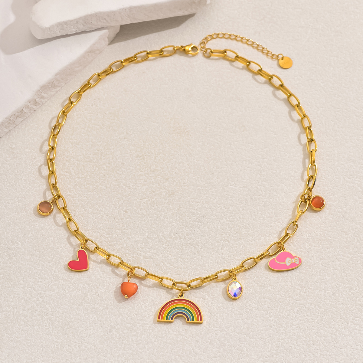 Wholesale Jewelry Casual Elegant Classic Style Rainbow Oval Heart Shape 201 Stainless Steel Zircon Multi Charms Necklace Paperclip Chain