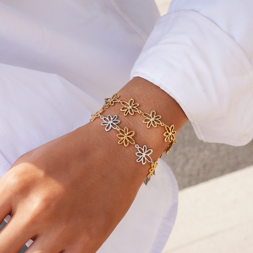 18K Gold Plated 304 Stainless Steel Vacuum Electroplating (In Furnace) Vintage Floral Waterproof Non-Fading Asymmetric Three-Dimensional Handmade Chain Women's Bracelet Jewelry Accessories