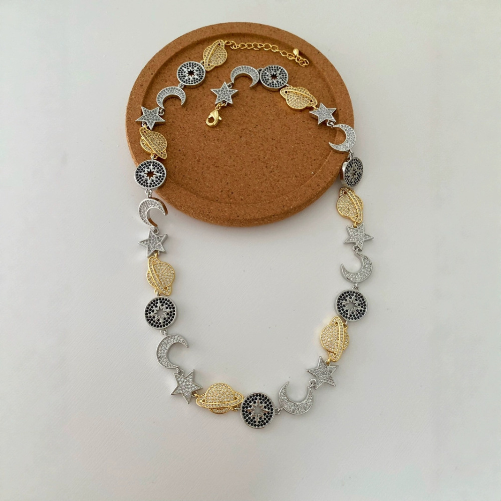 Retro Alloy Full Diamond Connected Stars Moons Planets Bracelet Necklace Women Simple Style Copper Jewelry Accessories