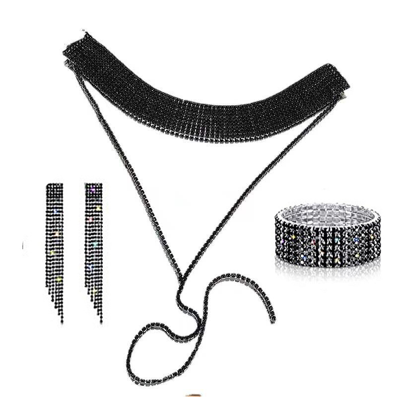 Full Diamond Claw Chain Necklace Bracelet Ring Earrings Four-Piece Set Geometric Women's Jewelry Accessories