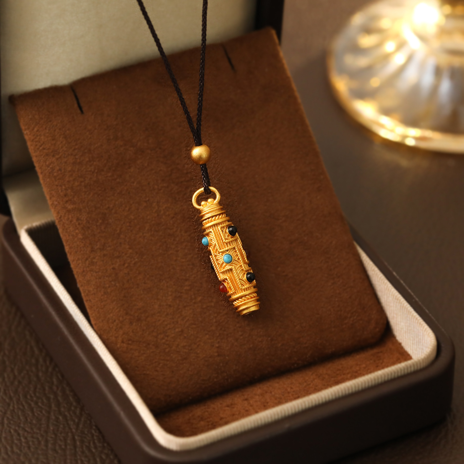Geometric Pattern Sand Gold Enamel Nine-Eyed Tianzhu Pendant Through Hole DIY Accessories Necklace Sweater Chain Tibetan Transmission Vintage Cultural Goods Jewelry