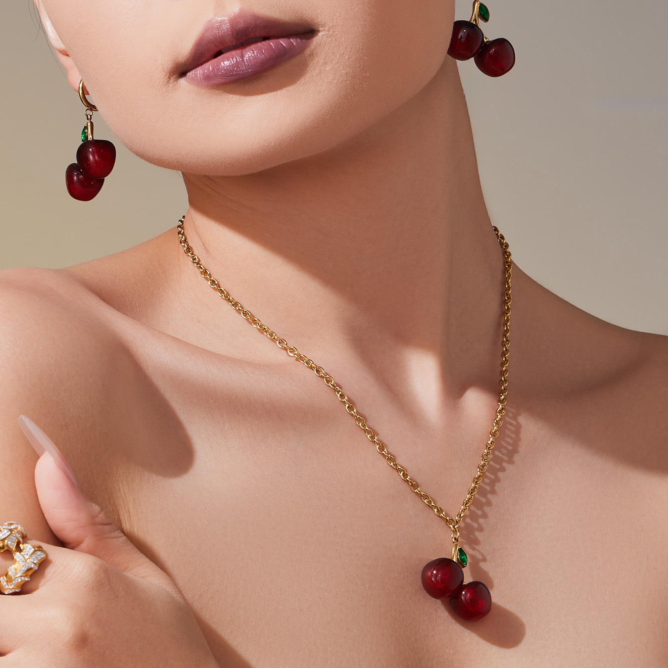 Stainless Steel Resin Cherry Pendant Necklace Earrings 18K Gold Plated European And American Fashion Versatile Fruit Jewelry Set