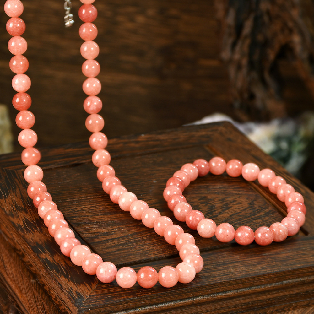 Elegant Vintage Pink Sunstone Bracelet Necklace Set For Women Natural Stone Jewelry Gift Accessories 8mm Round Design