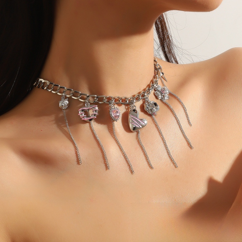 Pink Heart-shaped Tassel Chain Mosaic Necklace For Women Unique Design Cool Clavicle Chain Jewelry Accessories