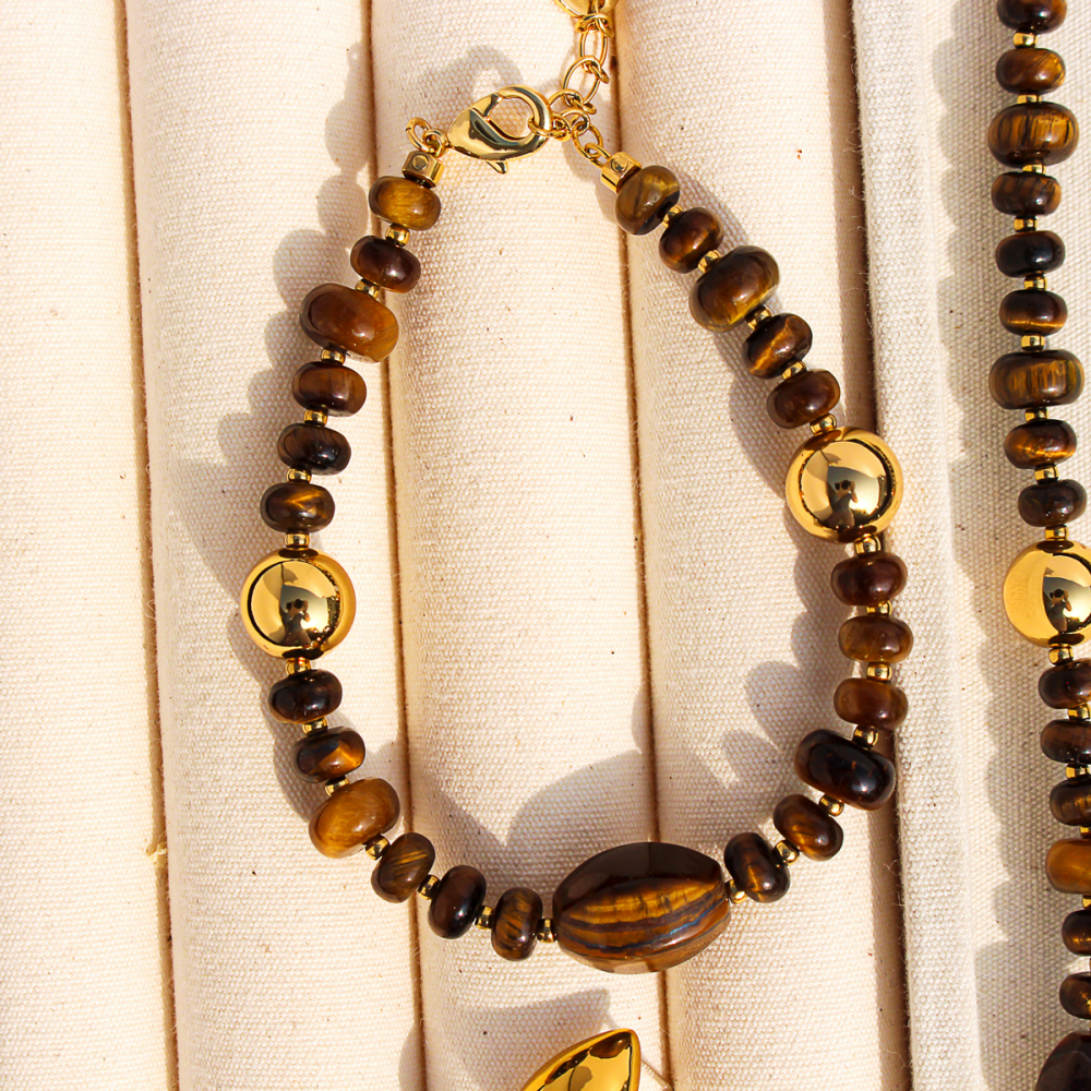 Original Design High-End Natural Tiger Eye Stone Gold Round Bead Necklace Bracelet Waterdrop Earring Set For Ladies Fashion Jewelry Accessories