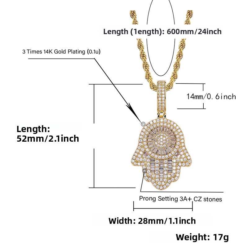 Vintage Fatima Hand Pendant Necklace For Men Black Zircon Copper Material Jewelry Accessories