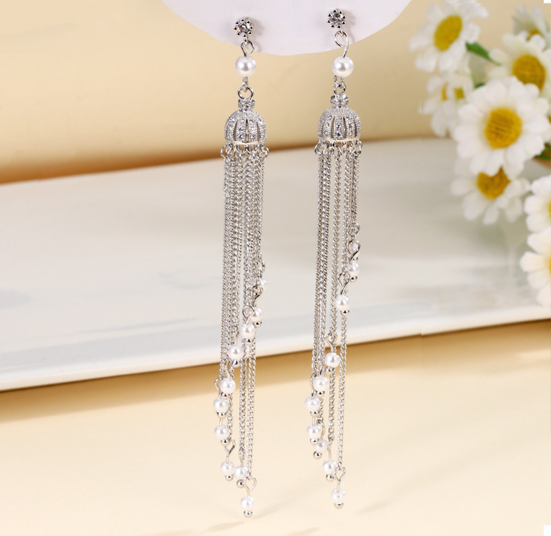 Long Tassel Pearl Crown Earrings Women's Accessories Multi-functional Copper Material Rose Gold Plated Minimalist