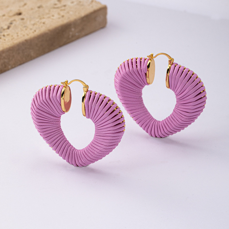 Fashionable Multi-Color Heart-Shaped Braided Leather Rope Earrings For Women Elegant Versatile Copper Jewelry Accessories