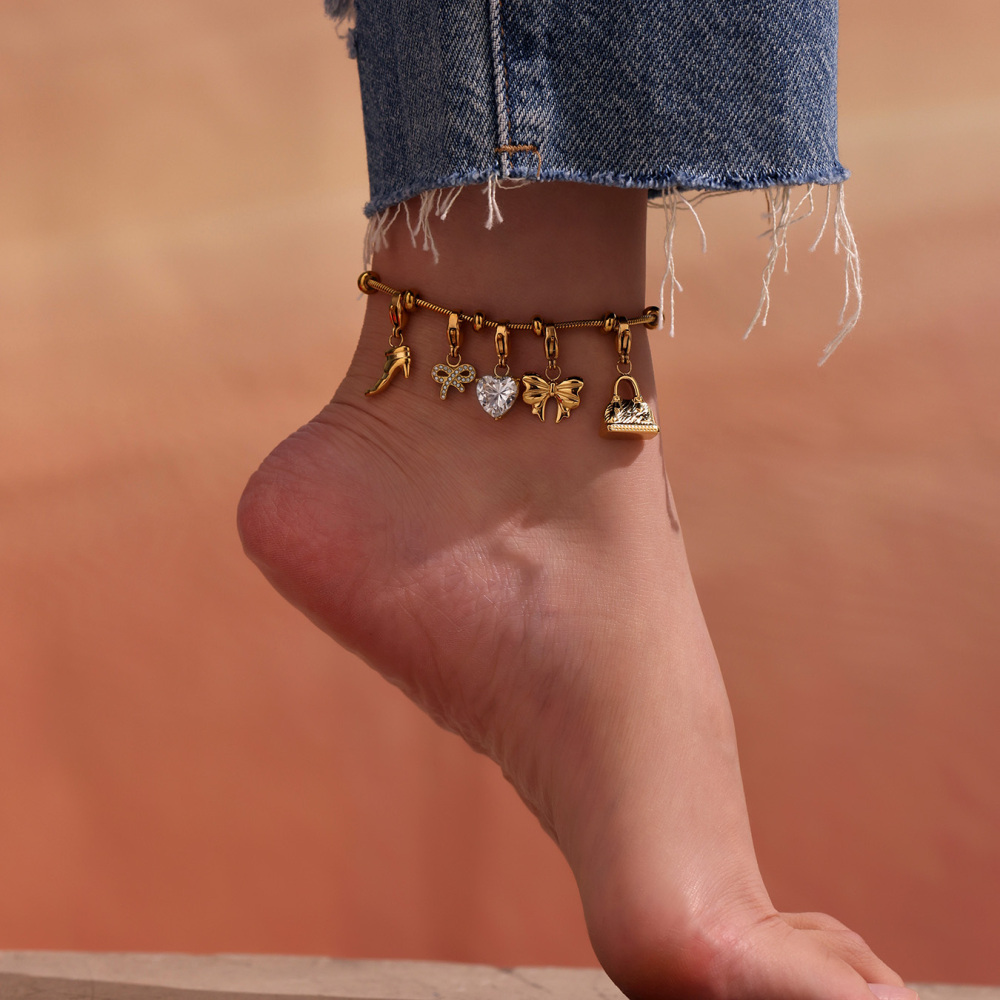 Full Drill 5A Zircon Heart Shaped Butterfly Knot High Heel Shoe Charms Stainless Steel 18K Gold Plated DIY Bracelet Accessories