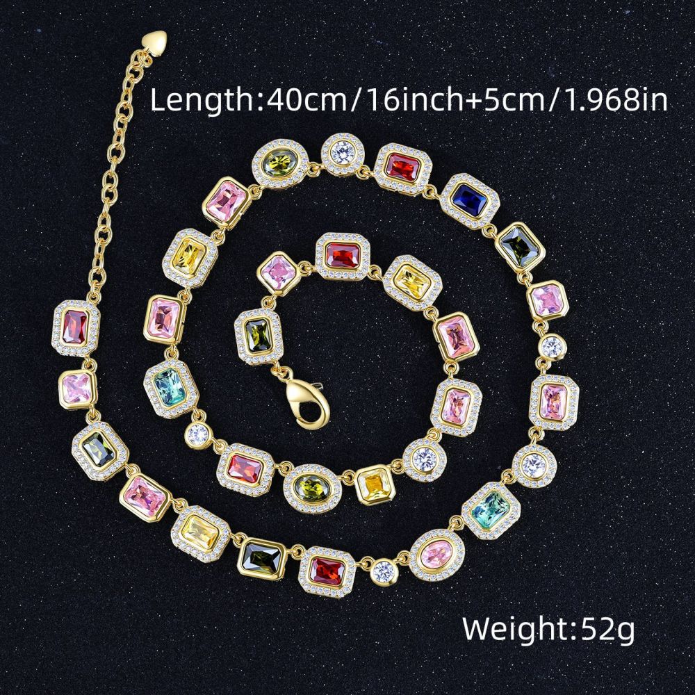 Colorful Gemstone Jewelry Set For Men And Women Hip Hop Style Zircon Necklace And Bracelet Popular Trendy Jewelry Accessories