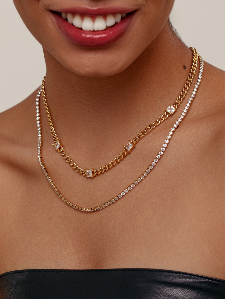 Double Layer Necklace Elegant Cuban Chain Zircon Necklace Versatile Fashionable Women's Party Commuting Accessories