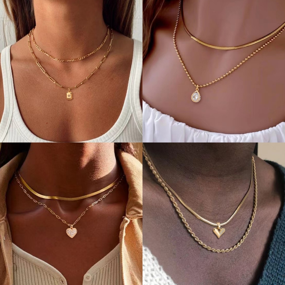 Gift Box Set/3 Pieces - Fashionable Simple Irregular Texture Cuban Paperclip Square Chain And Rectangular Inlaid Shiny Cubic Zirconia Pendant Necklace - 18K Gold Plated Jewelry Accessories Suitable For Women's Daily Wear