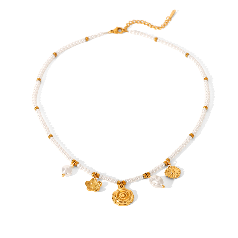 Jewelry Pearl Chain 304 Stainless Steel Sunflower Pendant Necklace For Women High-End Accessories Fashionable Necklace Vacuum Electroplated 18K Gold Plated INS Style Elegant Beaded Lobster Clasp