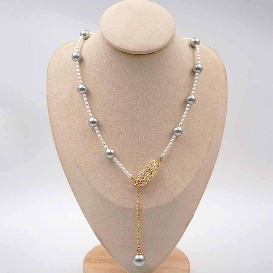Grey Pearl Feather Y-Shape Sweater Chain Asymmetrical Multi-Ways Long Necklace Women's Fashion Accessories Handmade Craft