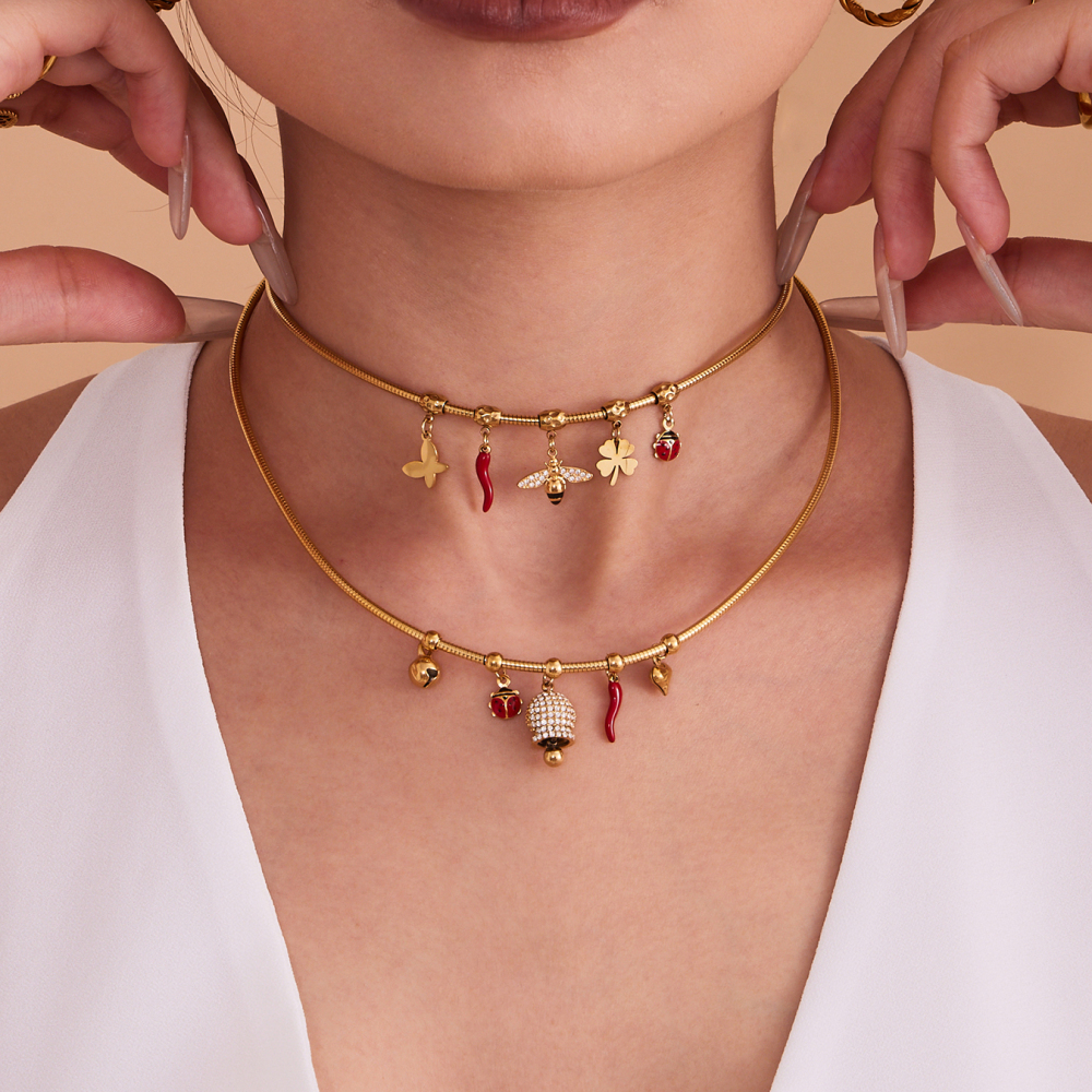 Stainless Steel DIY Bell Bee Zircon Small Pepper Heart Multi-Accessories Necklace 18K Gold Plated Fashion Versatile Luxury Jewelry Set