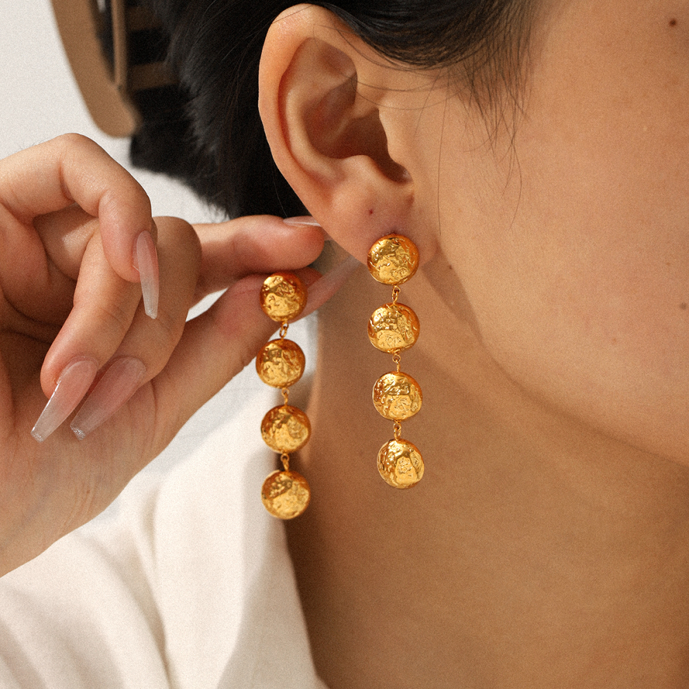 INS Style Round Hammered Pattern Stainless Steel Earrings Tassel Ear Accessories Versatile 18K Gold Titanium Steel Jewelry For Women