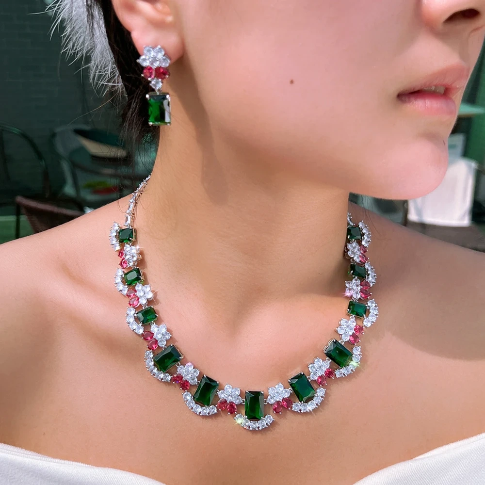 Two-Piece Copper Jewelry Set Vintage Multicolor Cubic Zirconia Luxurious Oversized Necklace And Earrings Set Suitable For Women Bridal Party Wedding Decoration Jewelry