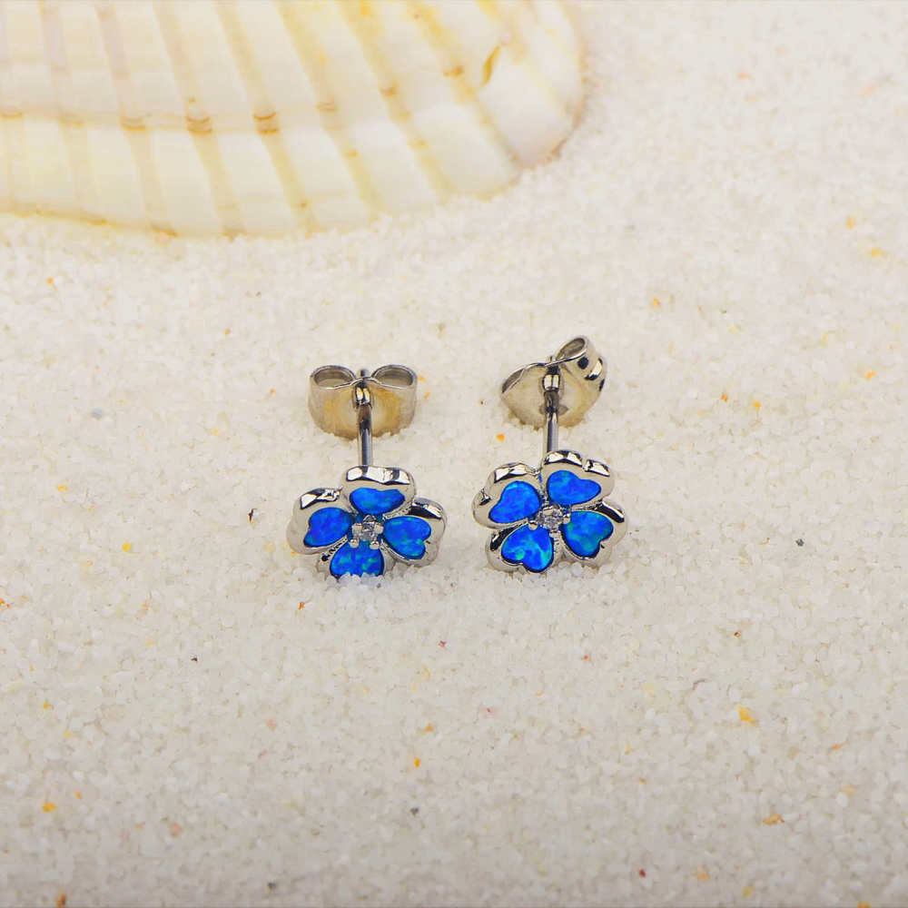 Blue Australian Opal Four Leaf Clover Flower Earrings Bohemian Style Simple Design For Women Copper Material Jewelry Accessories