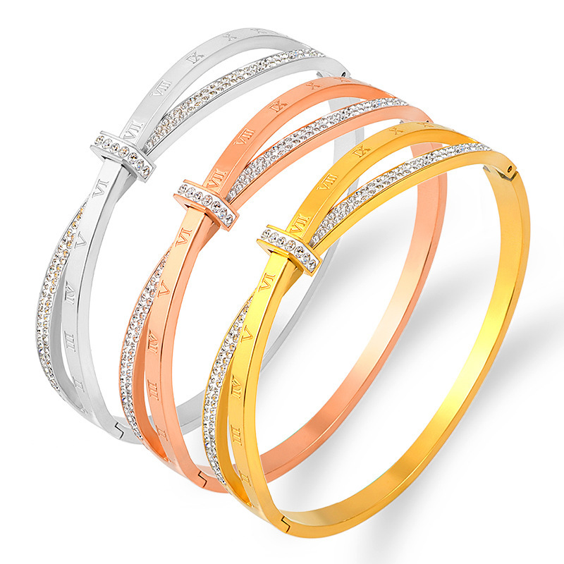Basic Classic Style Geometric Stainless Steel Inlay Zircon Bangle