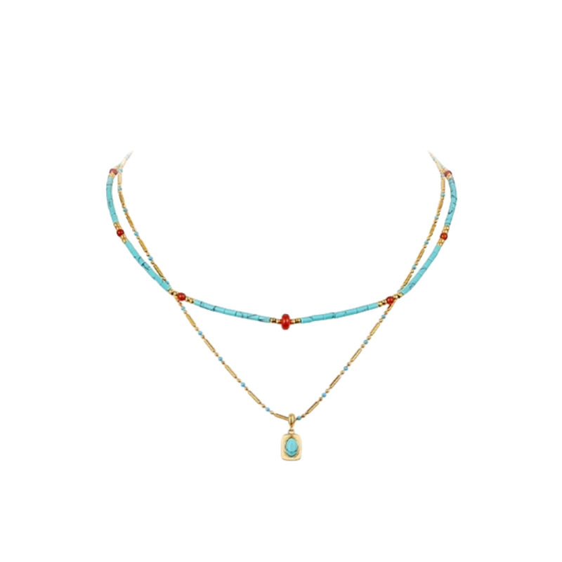 Three-layer Turquoise Bohemian Style Titanium Steel Collarbone Chain Necklace Women's Jewelry Accessories Heart Shape Geometric Pattern Design