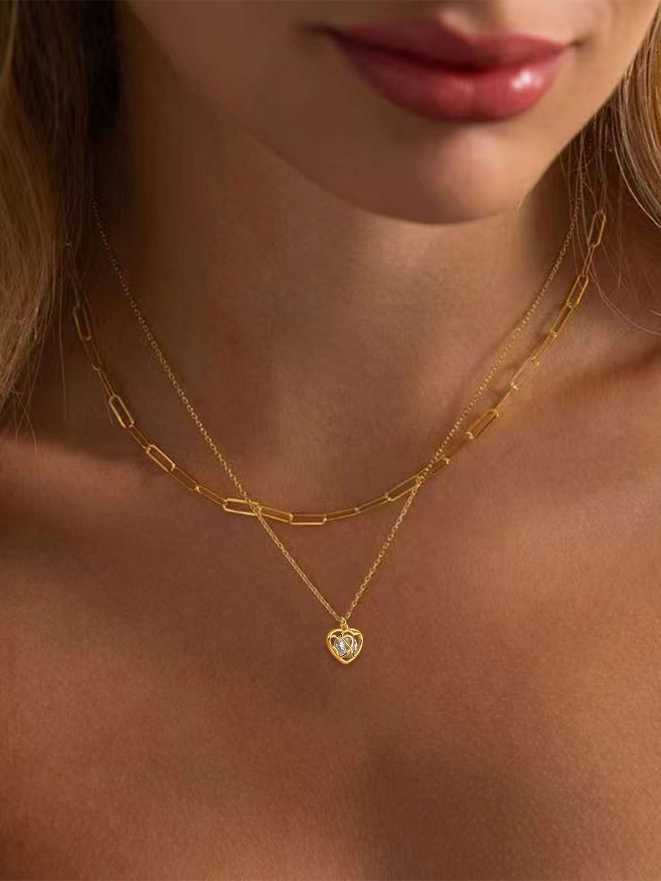 Fashion Layered Accessories: 18K Gold Plated Copper Heart-Shaped Hollow Pendant Necklace And Checkered Paperclip Set, Shiny Cubic Zirconia, Essential For Women