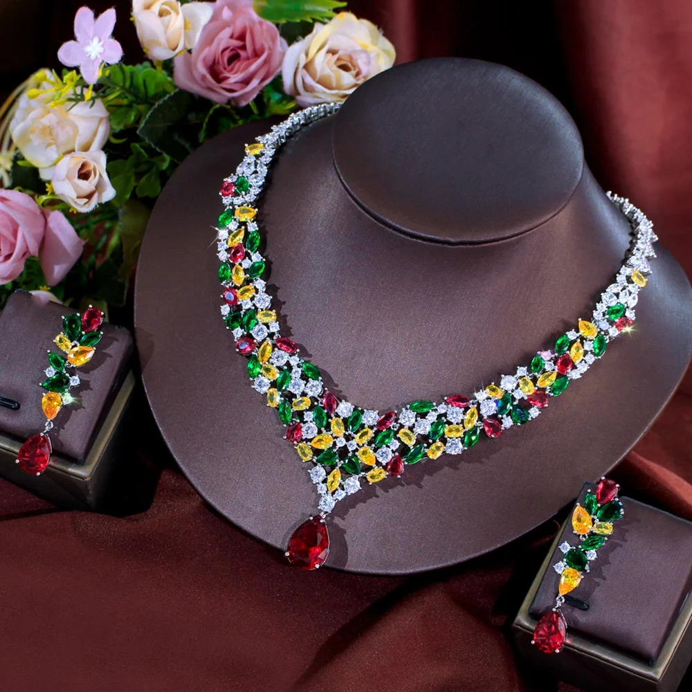 Copper Colorful Cubic Zirconia Necklace And Earrings Two-Piece Set Luxurious Water Drop Shaped Jewelry Set Suitable For Women Bridal Party Banquet Wedding Wear