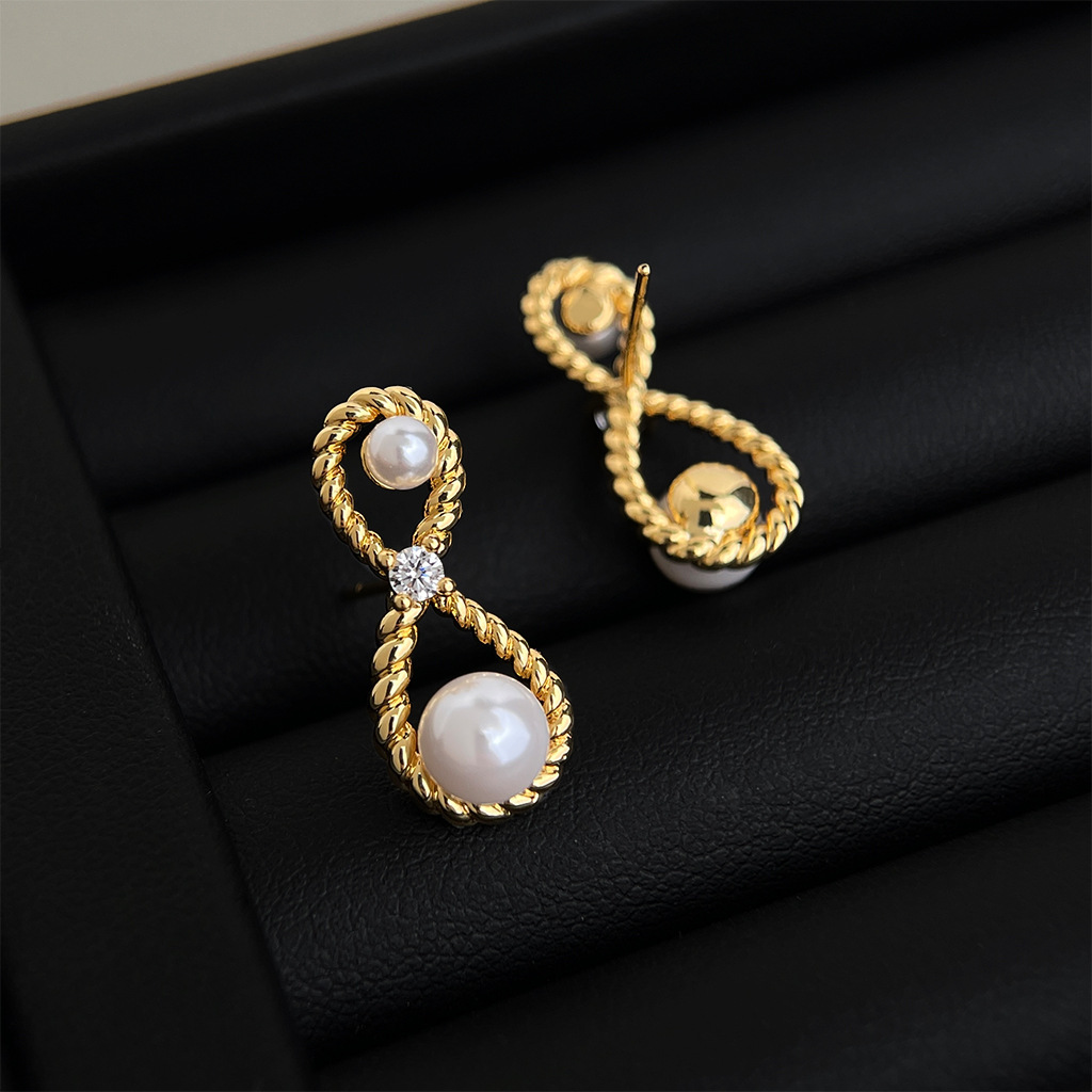 Original Design Thick Plated 18K Gold Mobius Ring Pearl Zircon Earrings Geometric Twist S925 Silver Needle Women's Jewelry