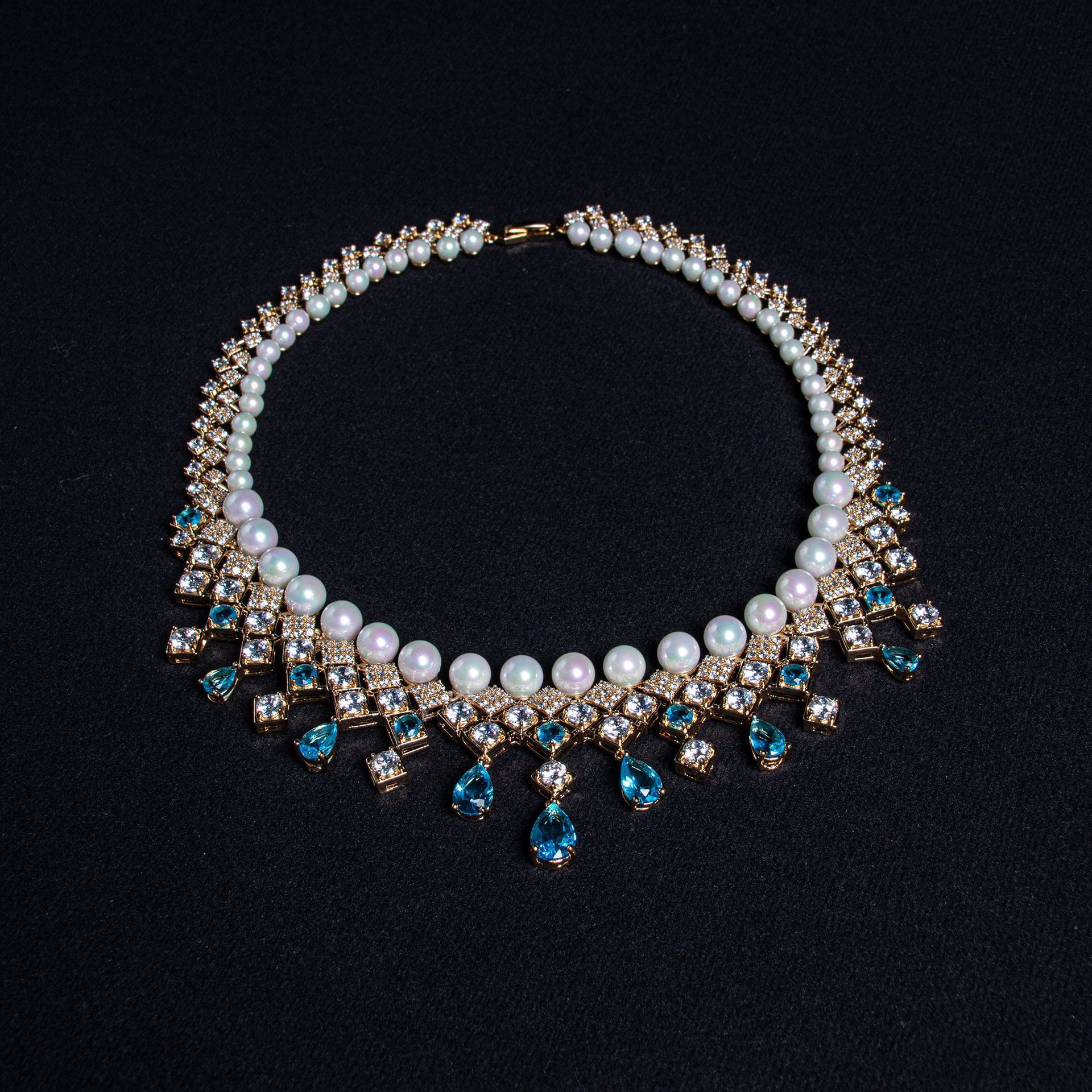 New Blue Waterdrop Zircon Pearl Necklace Vintage Court Clavicle Chain High-End Feeling Square Pearl Necklace Jewelry Set