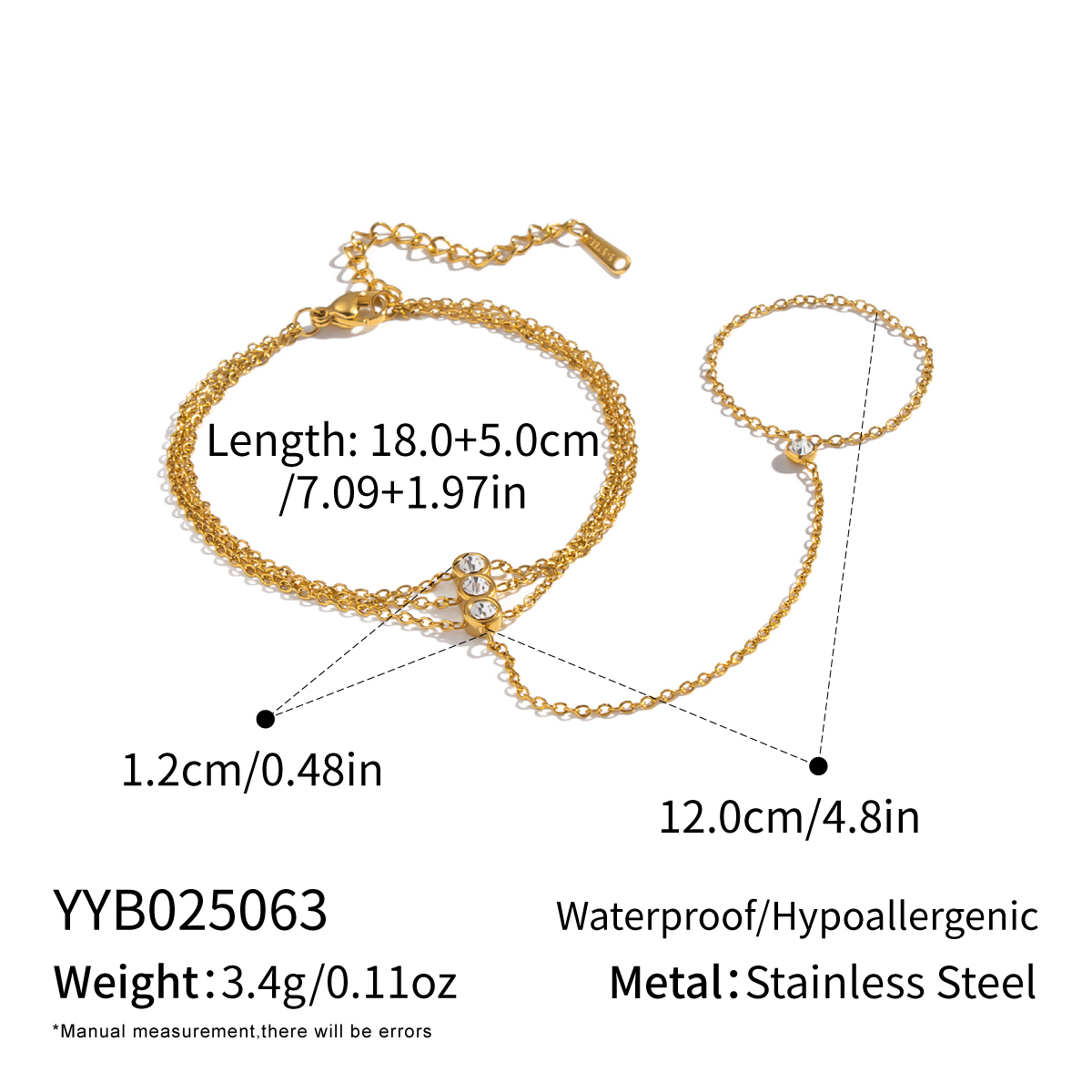 Minimalist Chain Inlaid Zircon Finger Chain Bracelet High-Grade 304 Stainless Steel Jewelry Accessories Non-Fading Women's Geometric Handmade Chain Plated With 18K Real Gold Vacuum Electroplating (Fired In Furnace)